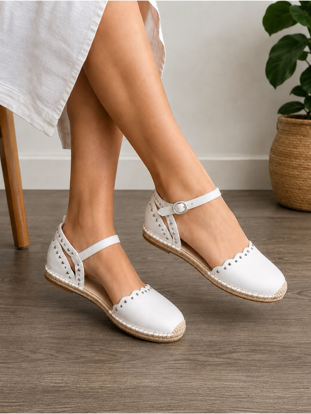 Marc Fisher White Leather Studded Espadrille Sandals